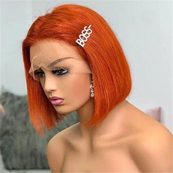 Ginger Bob wig Glueless Human Hair 13x4 HD Lace Front Orange Bob Wig 8inch main image 5